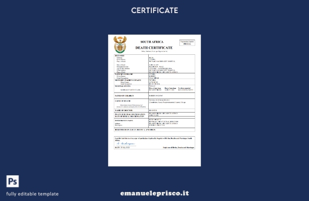 certificato di morte del Sud Africa in stile verificato modello Word e PDF